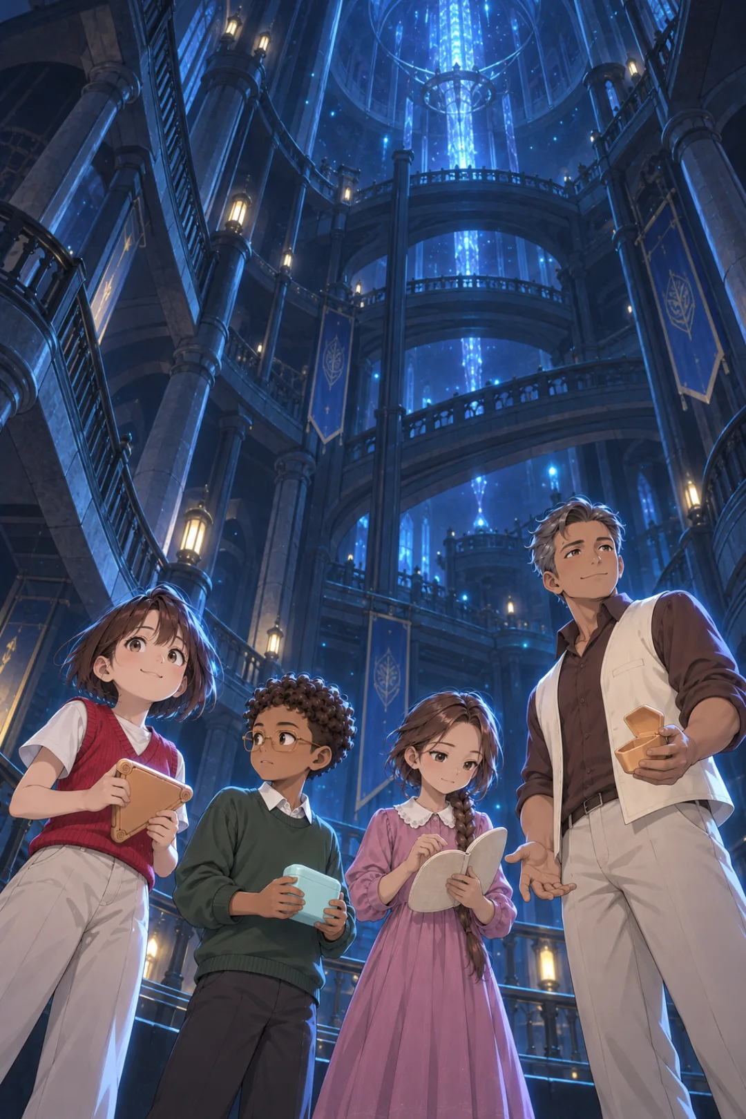Three friends and their teacher look up into Moaddeul Academy's towering hall.